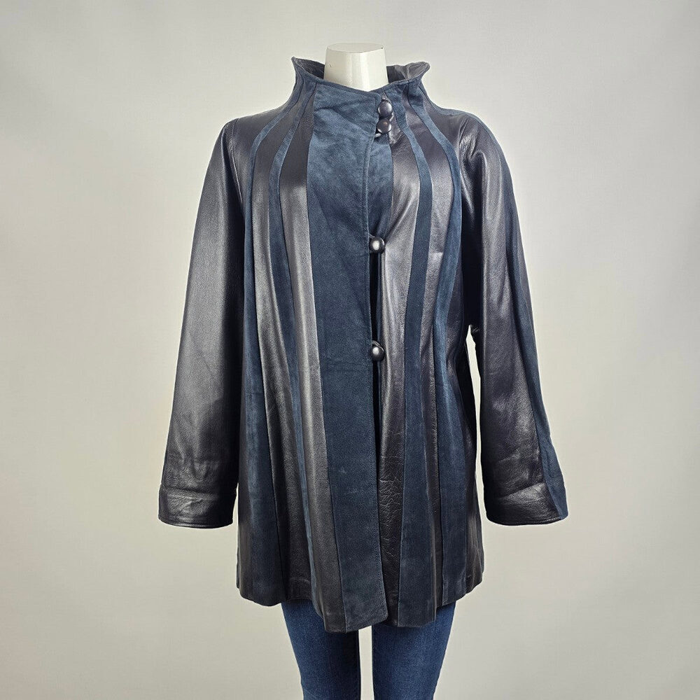 Vintage Peruzzi Italian Leather Navy Suede Stripped Patchwork Coat Size 10